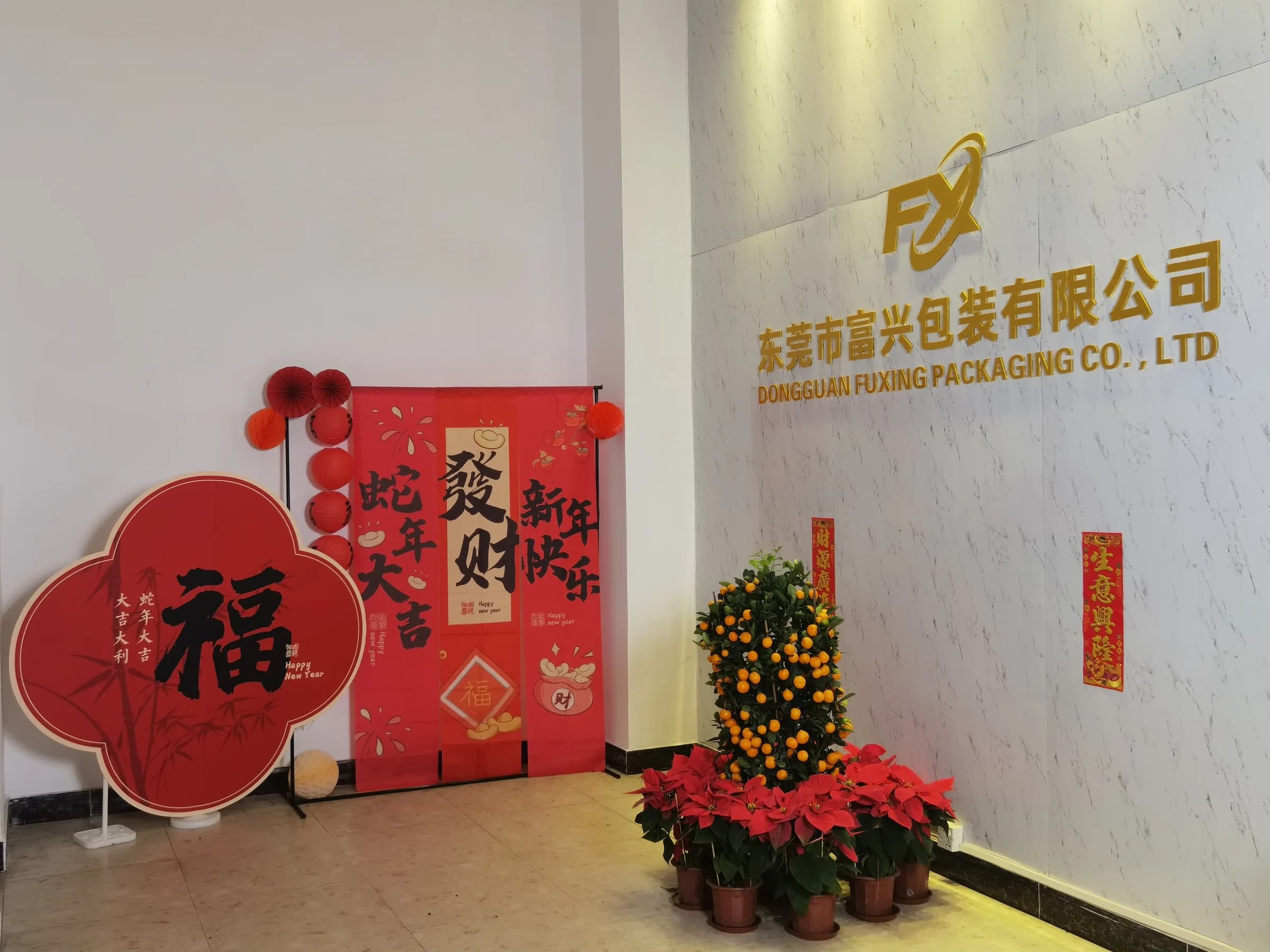 Company reception wall bearing the name Dongguan Fuxing Packaging Co., Ltd.