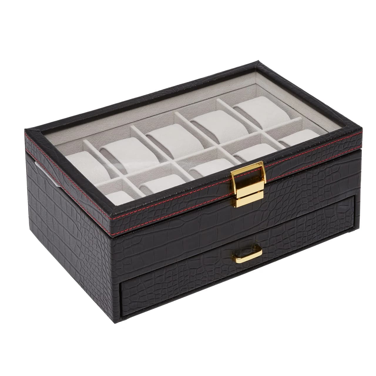 Black crocodile texture with red stitching Watch Box — product photograph