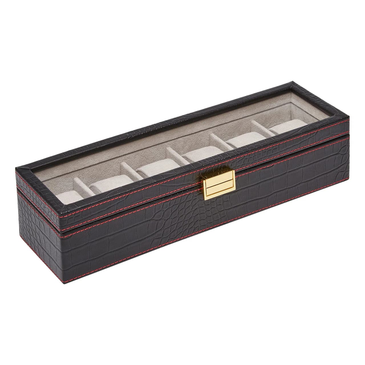 Black crocodile texture with red stitching Watch Box RY211222BK — product photograph
