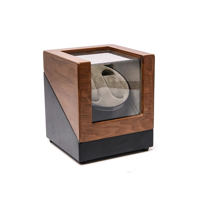 Black with brown wood-look lid Watch Winder — product photograph