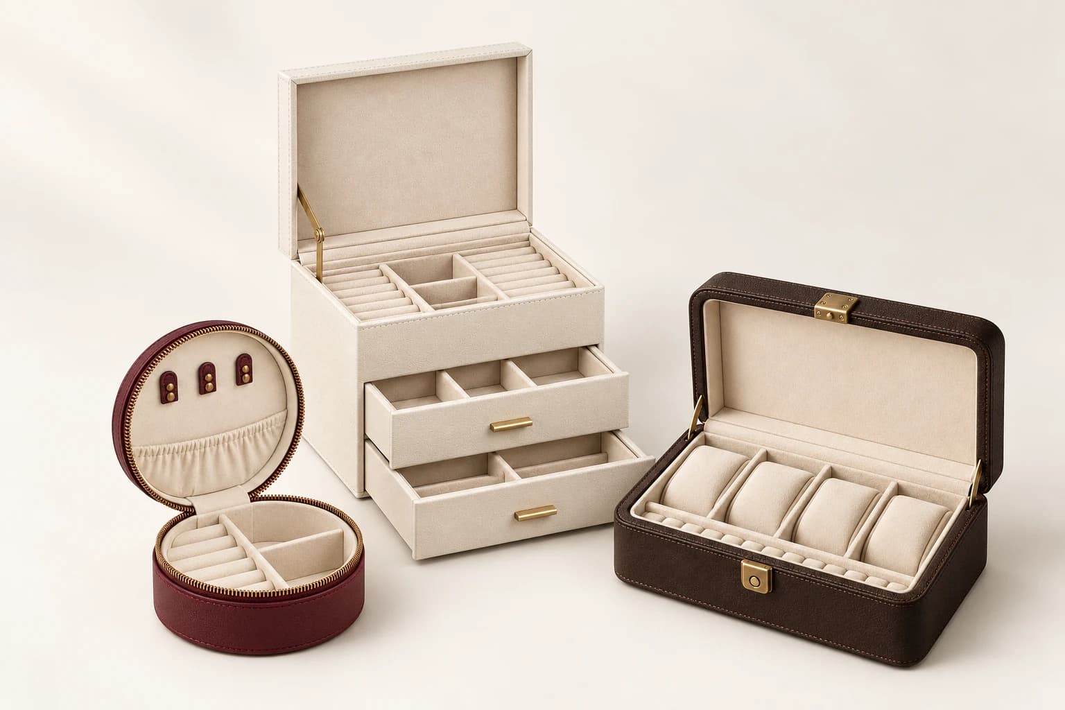 AI concept collection of ivory jewelry storage, a burgundy round travel case and an espresso watch box
