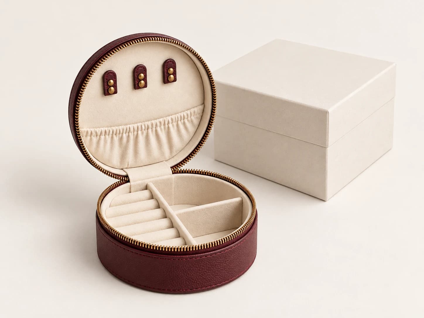 Finished burgundy round travel jewelry case concept with ivory interior and presentation box