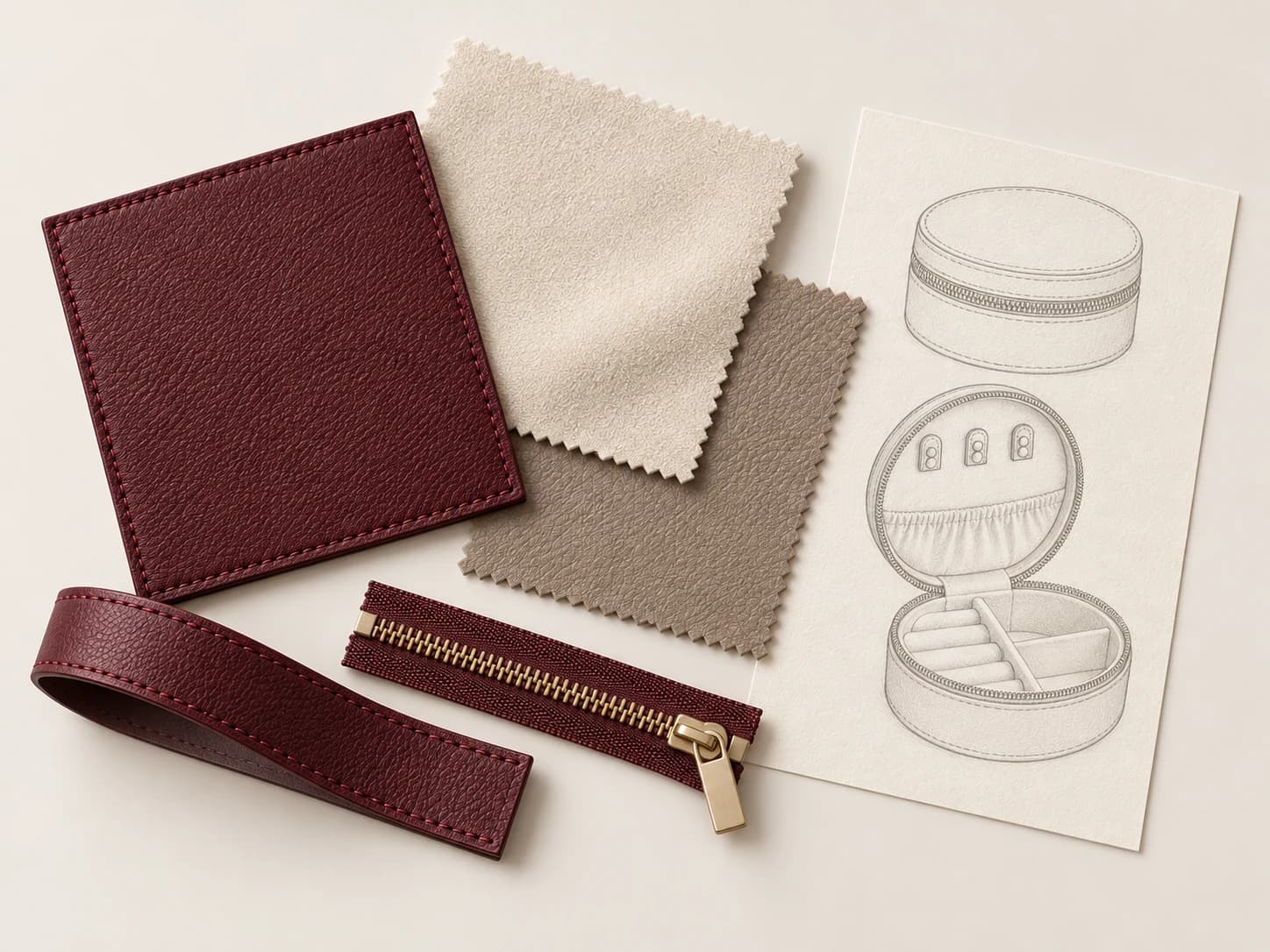 Burgundy material swatches and ivory lining beside a round jewelry case concept sketch