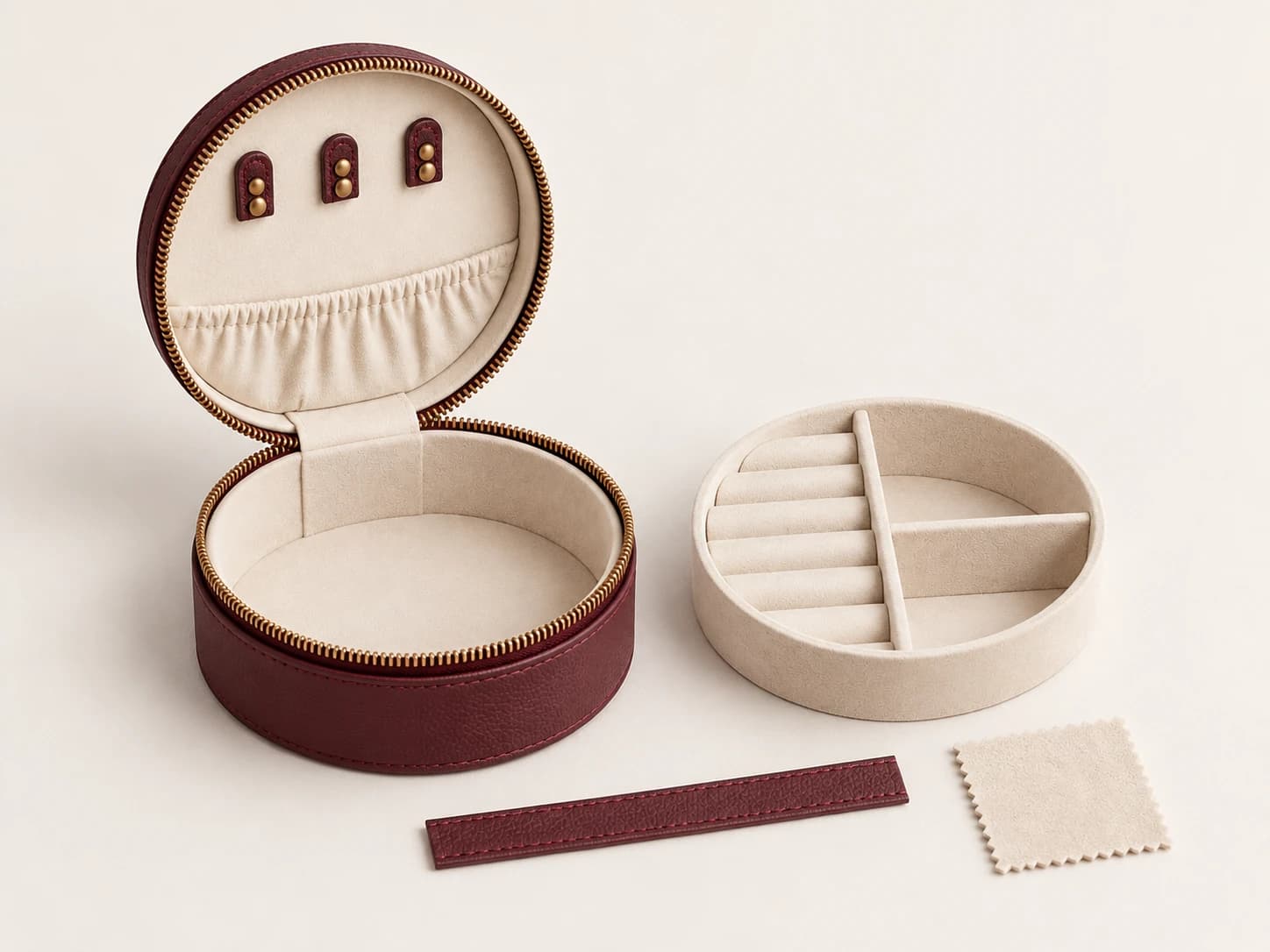 AI concept of a burgundy round case body beside its circular ivory interior insert