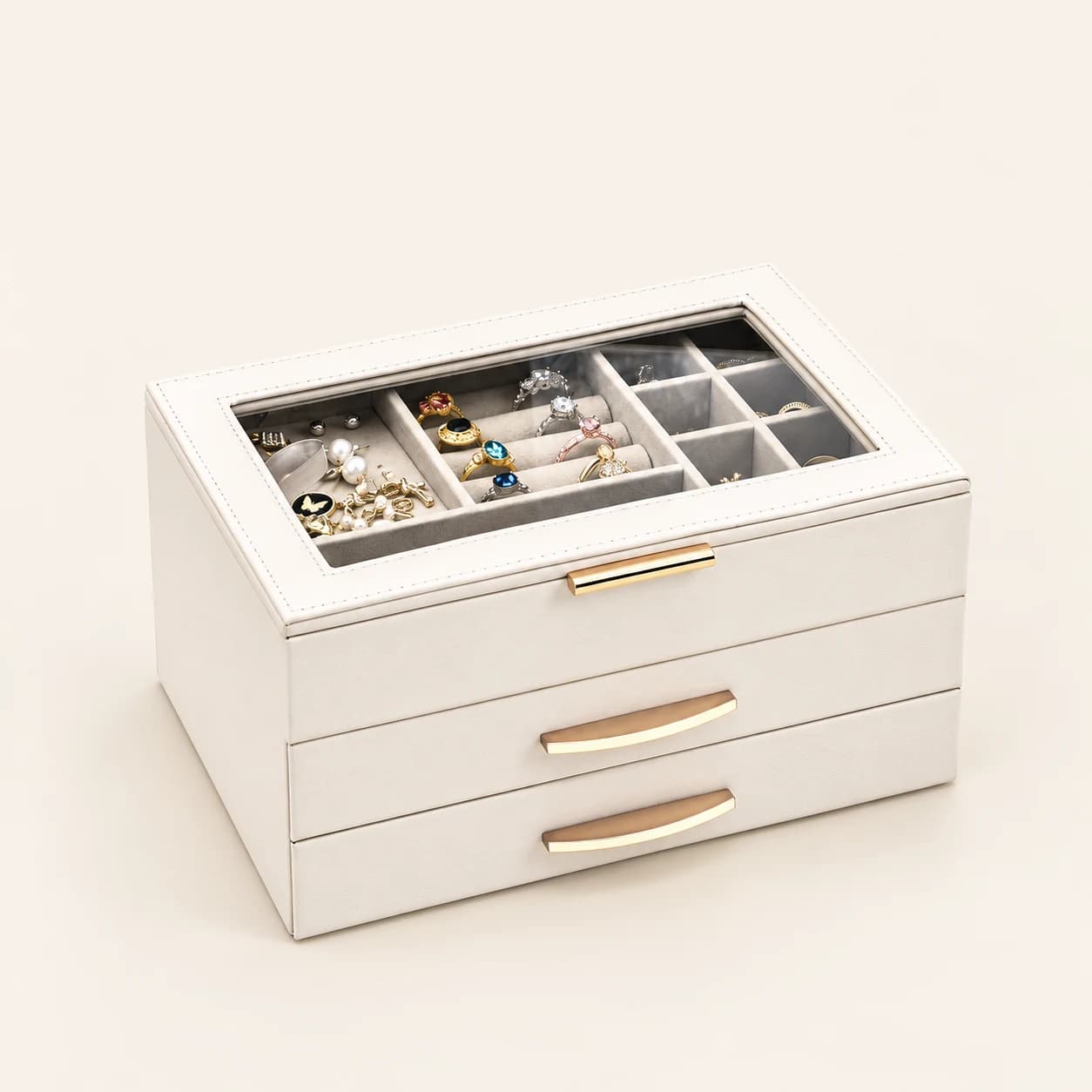 White two-drawer jewelry box with a glass lid and short straight top latch