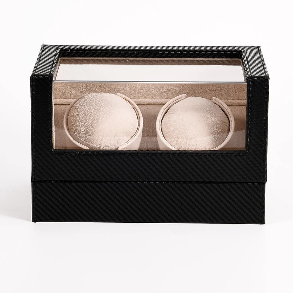 Black carbon-fiber look with light rotor cushions Watch Winder — product photograph