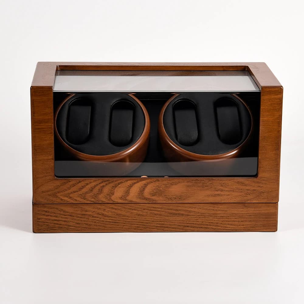 Brown woodgrain with dark rotor cushions Watch Winder — product photograph