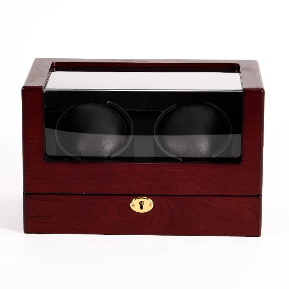 Burgundy woodgrain with dark rotor cushions Watch Winder — product photograph