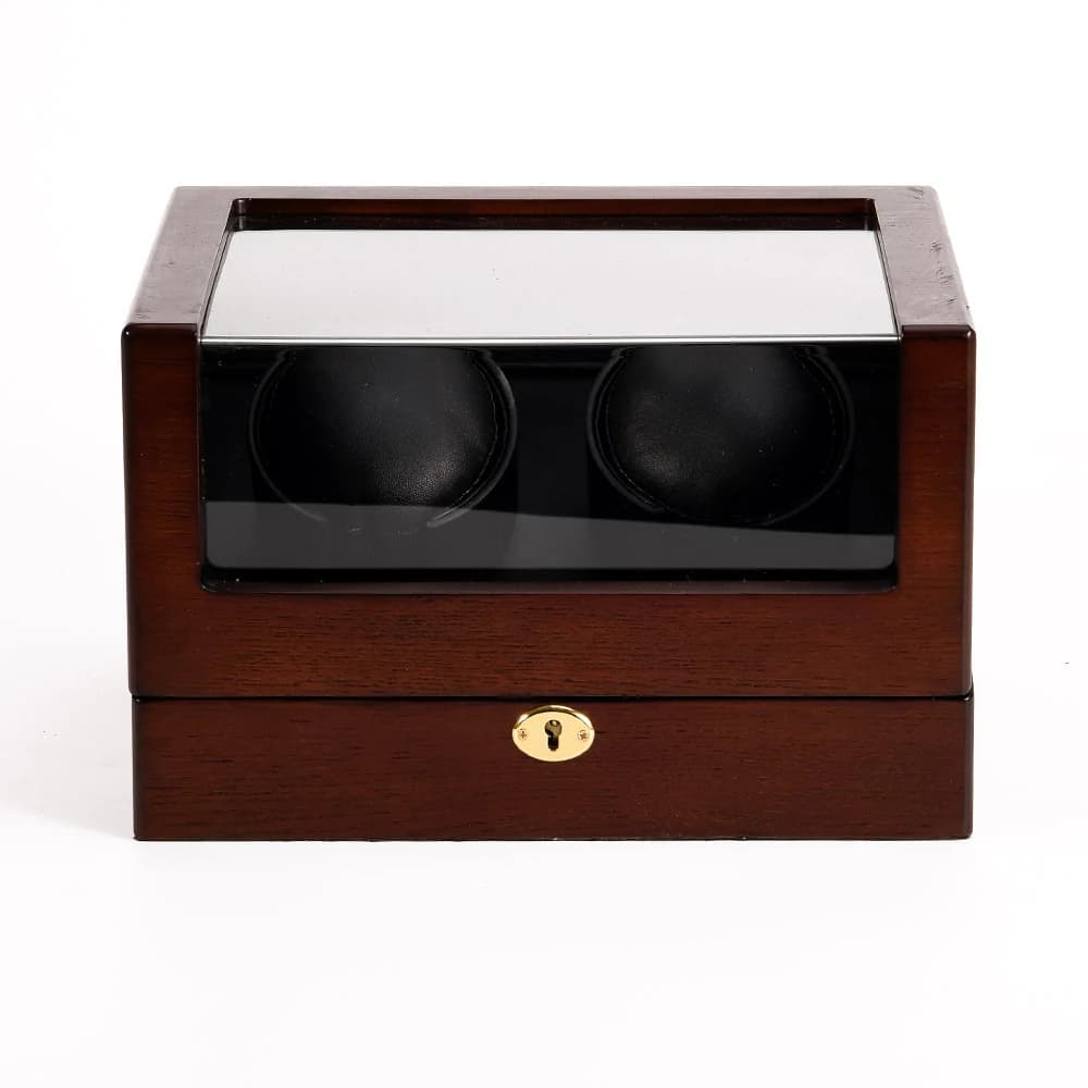 Dark brown woodgrain with dark rotor cushions Watch Winder — product photograph
