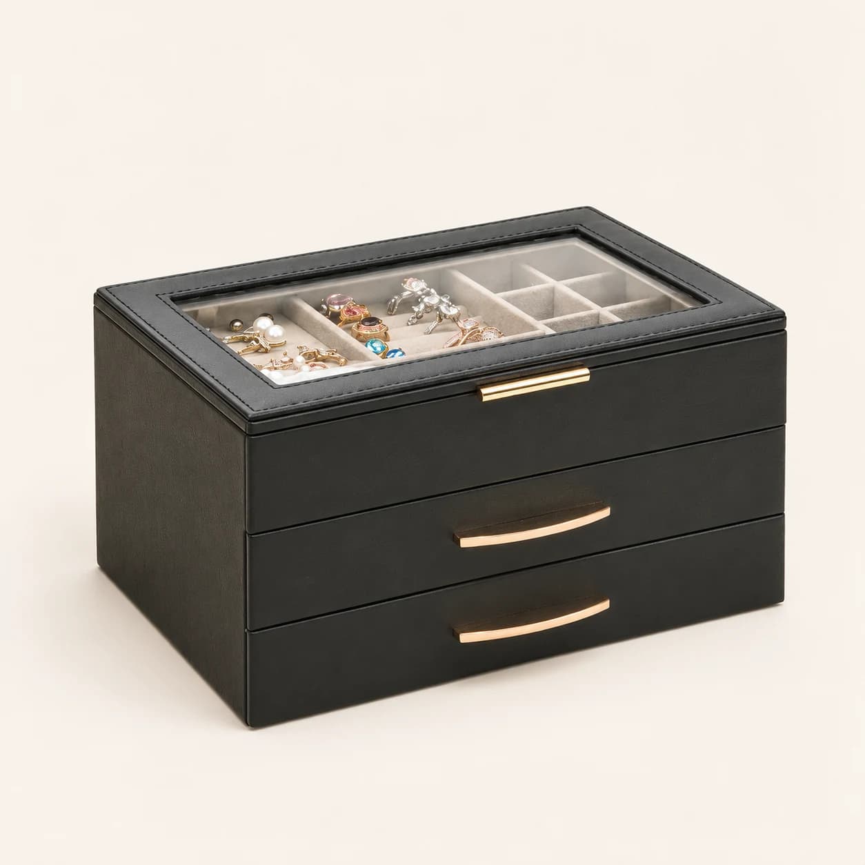 Black two-drawer jewelry box with a glass lid and short straight top latch